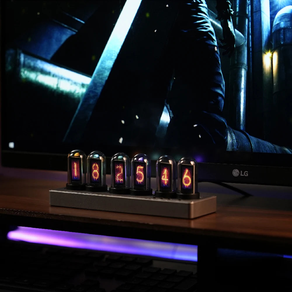 WIFI Control IPS Nixie Tube Alarm Clock with Colorful RGB Lights for Game Room Decoration.DIY Clock Faces and Pictures.Gift Idea