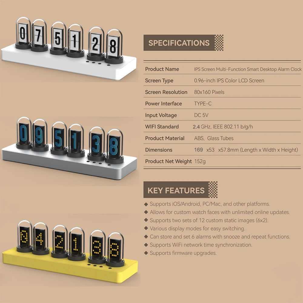 WIFI Control IPS Nixie Tube Alarm Clock with Colorful RGB Lights for Game Room Decoration.DIY Clock Faces and Pictures.Gift Idea